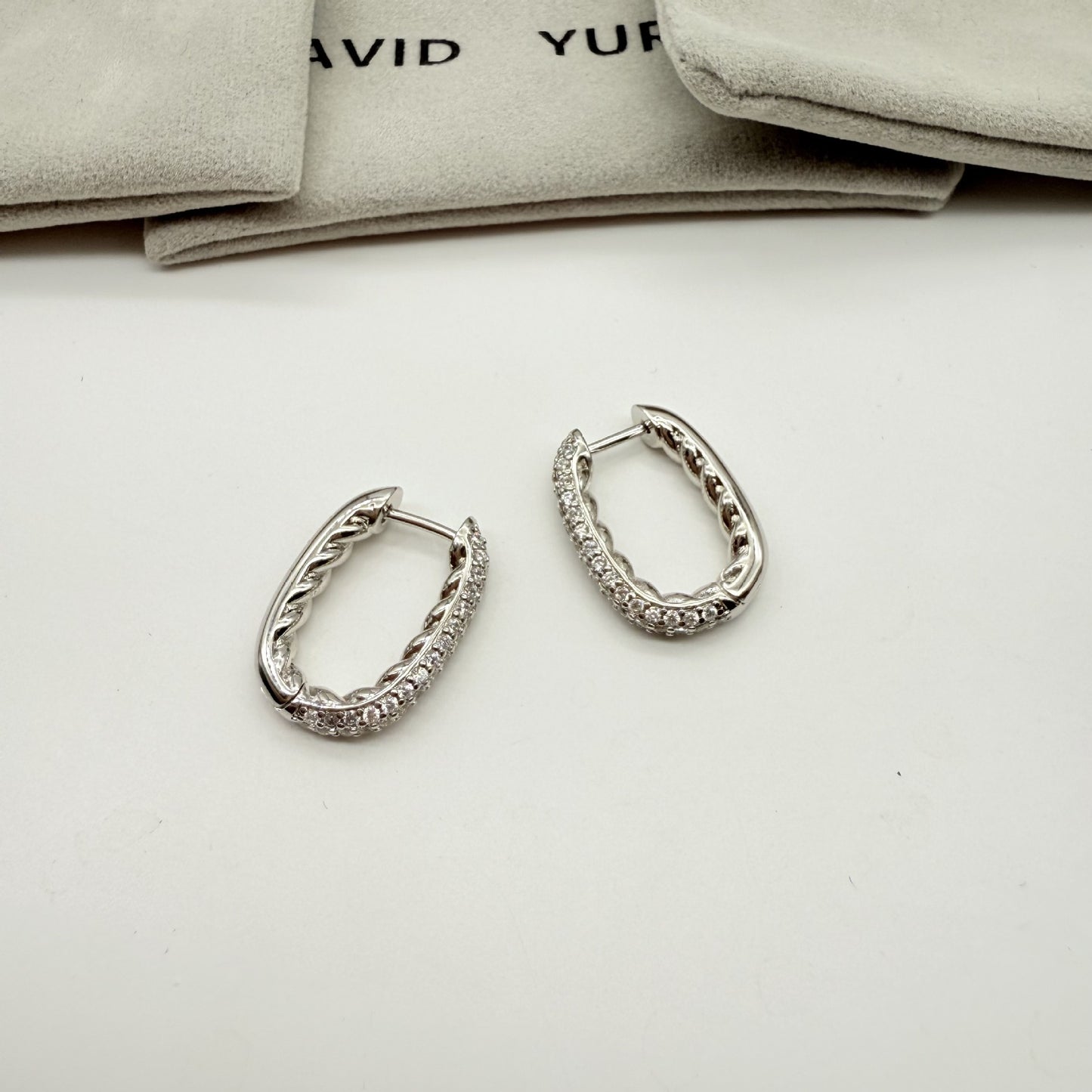 Twisted Pave Oval Hoop Earrings, Designer Cable Huggie Hoops for Women