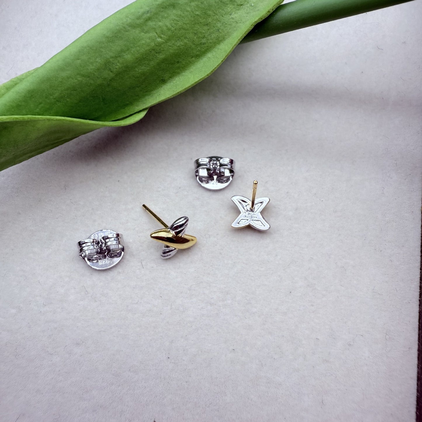 Two-Tone Twisted X Mini Stud Earrings, 925 Silver Post Hypoallergenic Tiny X Studs