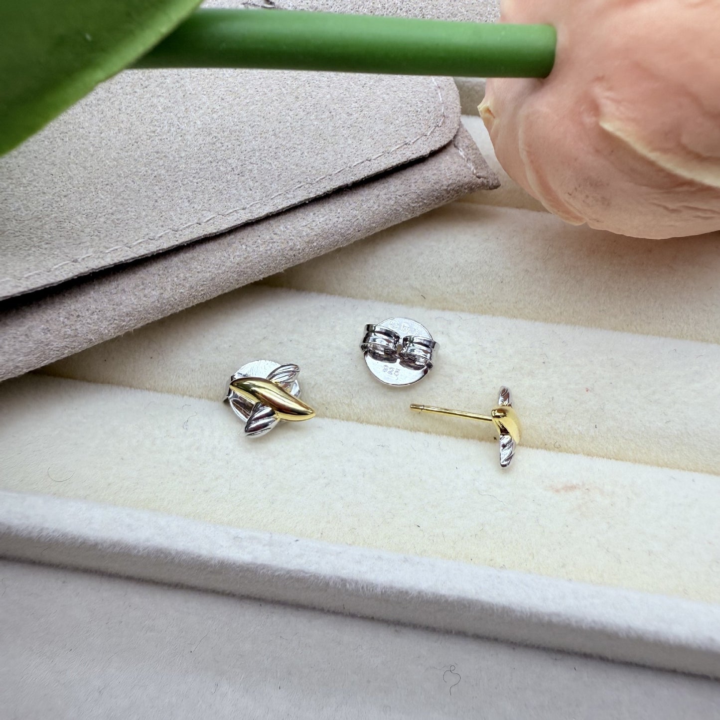 Two-Tone Twisted X Mini Stud Earrings, 925 Silver Post Hypoallergenic Tiny X Studs