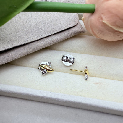 Two-Tone Twisted X Mini Stud Earrings, 925 Silver Post Hypoallergenic Tiny X Studs