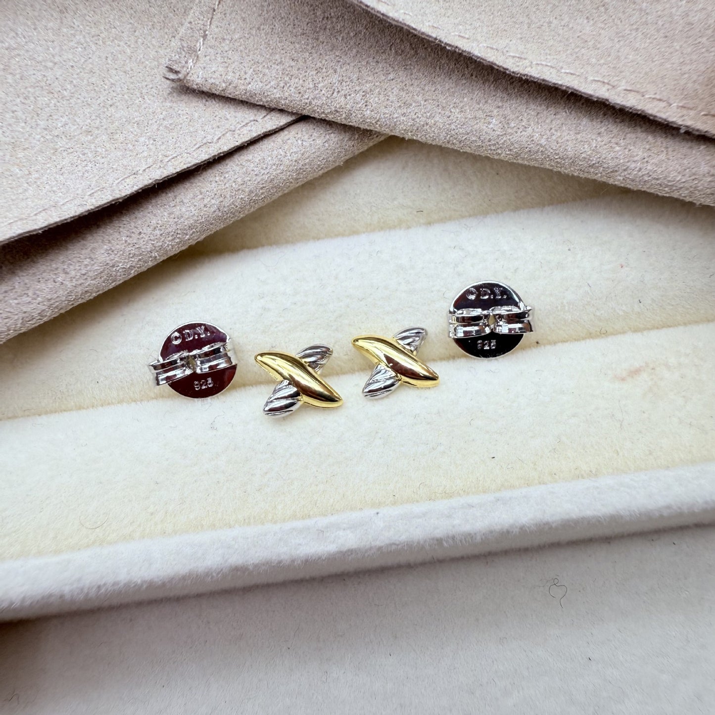 Two-Tone Twisted X Mini Stud Earrings, 925 Silver Post Hypoallergenic Tiny X Studs