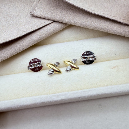 Two-Tone Twisted X Mini Stud Earrings, 925 Silver Post Hypoallergenic Tiny X Studs