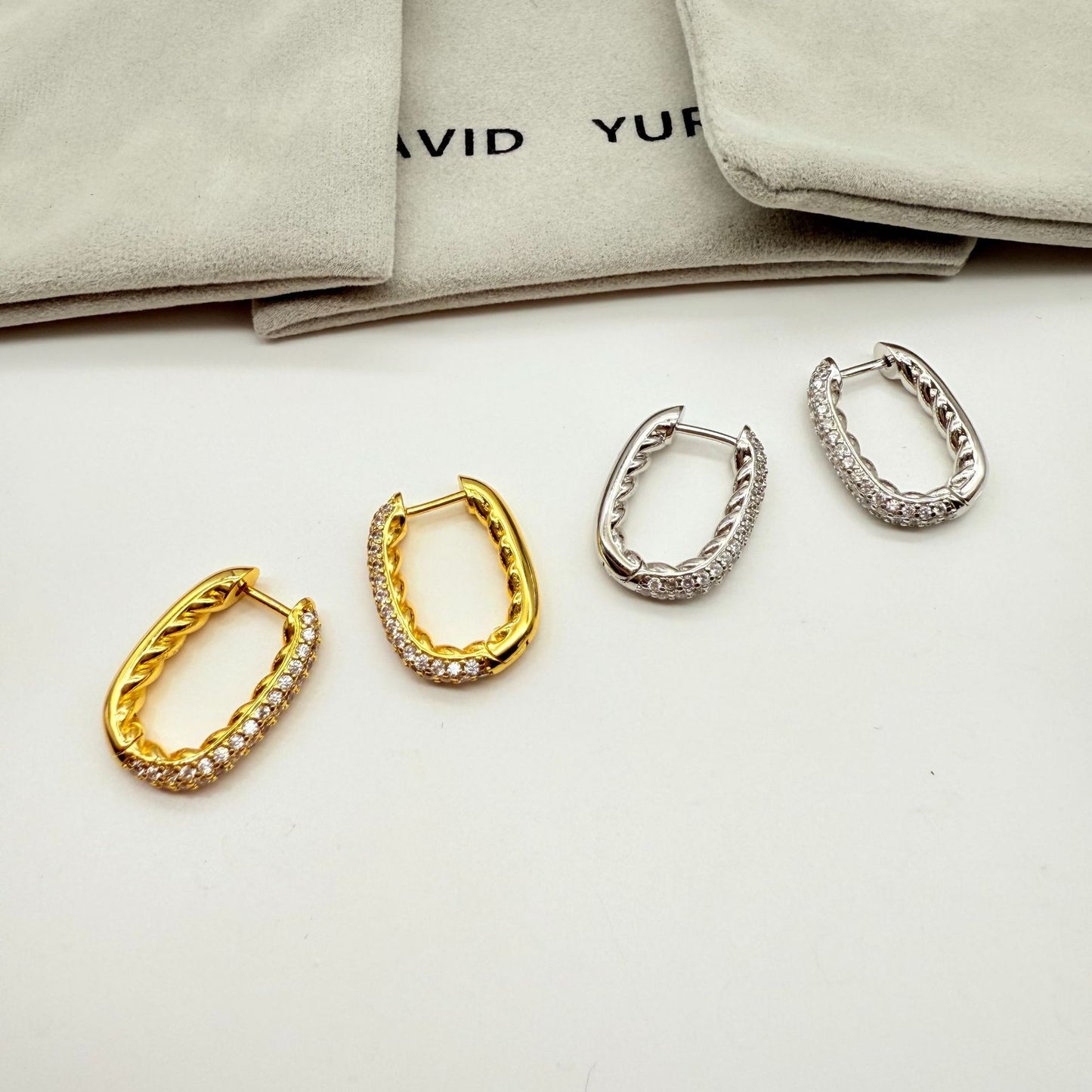 Twisted Pave Oval Hoop Earrings, Designer Cable Huggie Hoops for Women