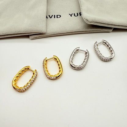 Twisted Pave Oval Hoop Earrings, Designer Cable Huggie Hoops for Women
